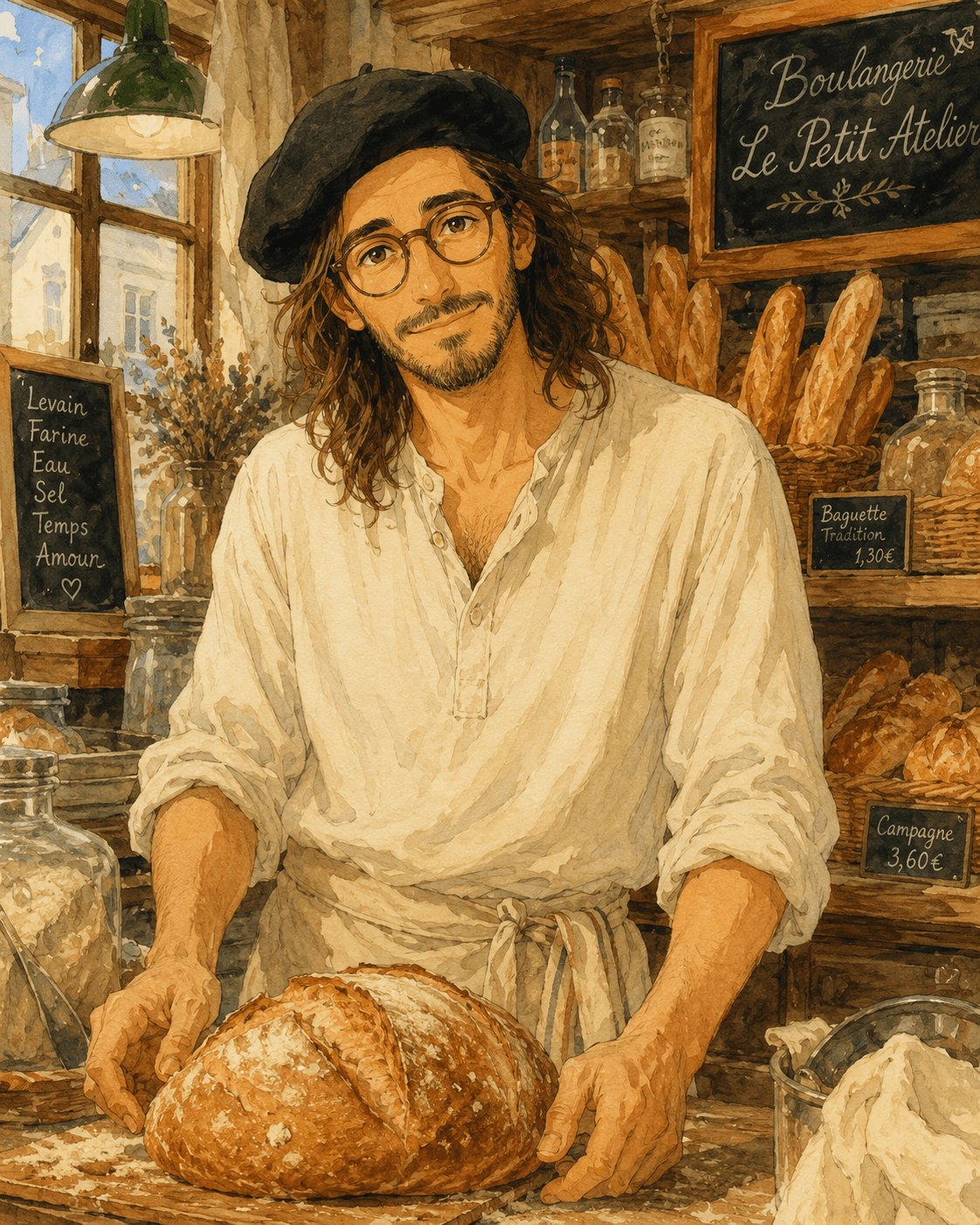 Le boulanger devant son comptoir, une miche de pain au levain entre les mains